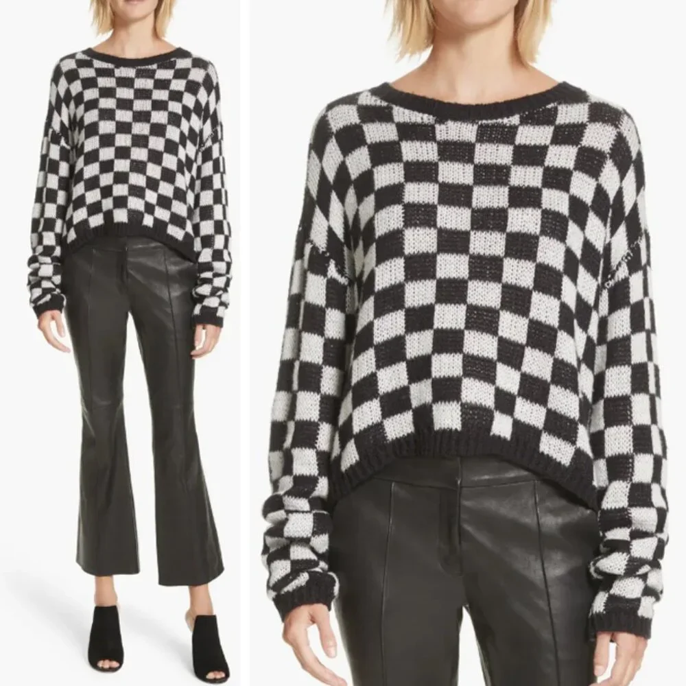 A.L.C. Remington Black White Check Plaid Checkerboard Sweater M Black White $295 - Picture 1 of 16
